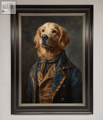A framed wall art of a renaissance golden retriever in a navy blue and gold-trimmed historical coat