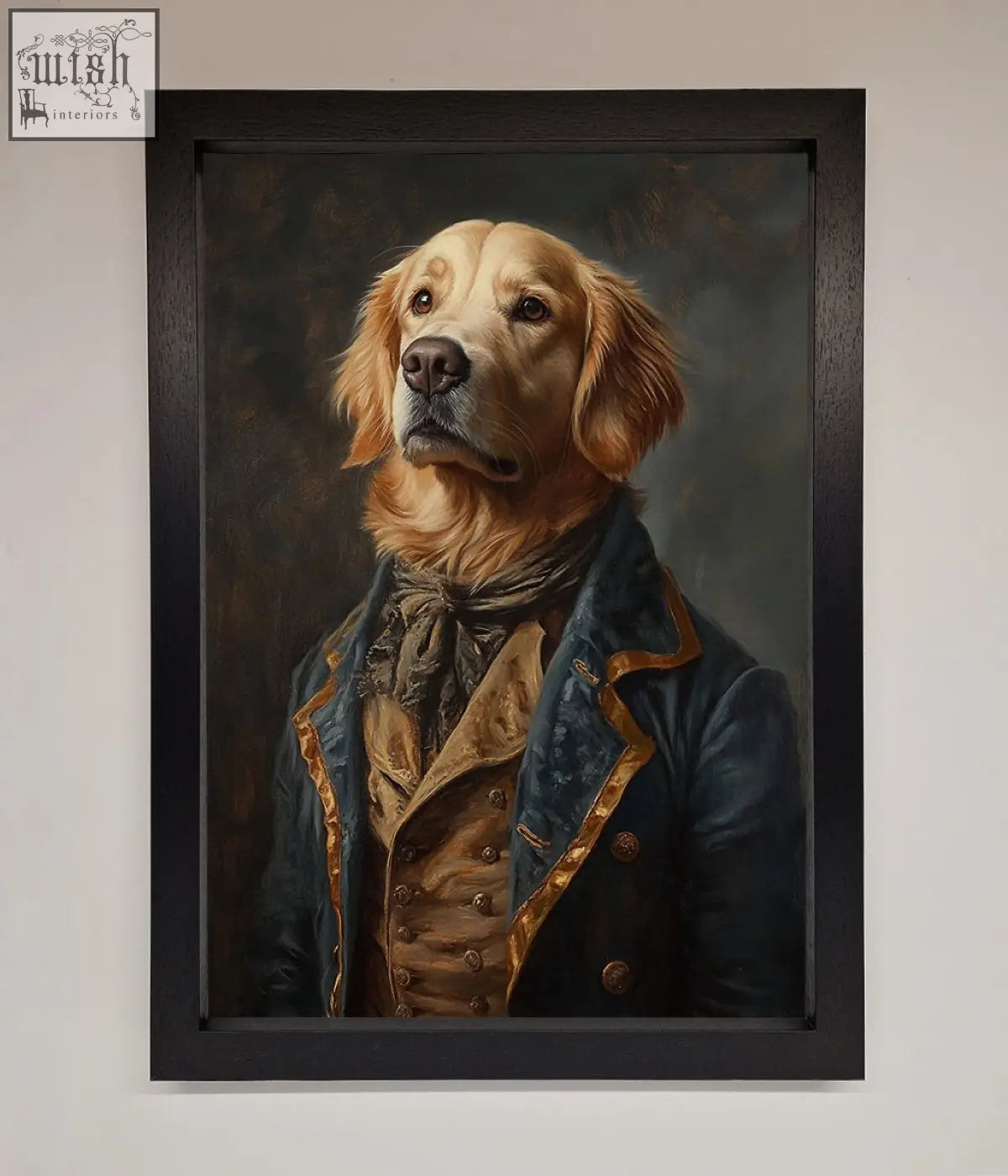 A framed wall art of a renaissance golden retriever in an ornate navy blue and gold military-style coat