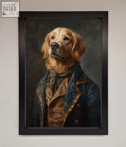 A framed wall art of a renaissance golden retriever in an ornate navy blue and gold military-style coat