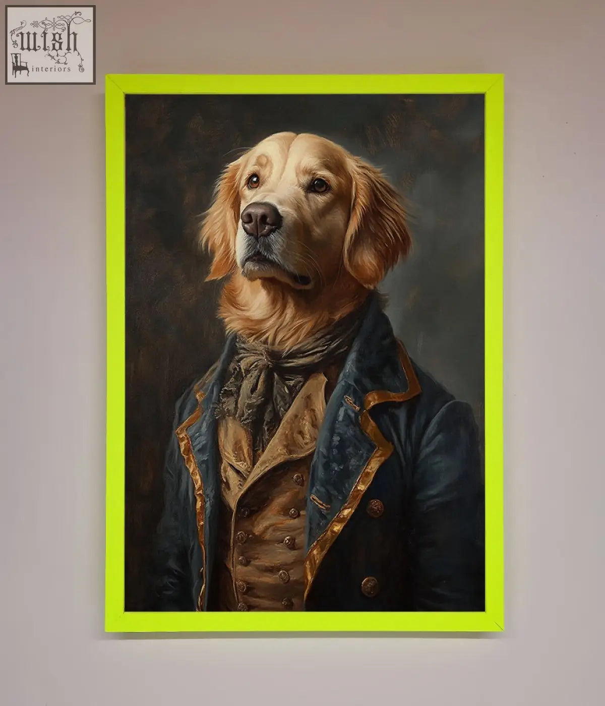A renaissance golden retriever dressed in a navy coat with gold trim in framed wall art with lime green border