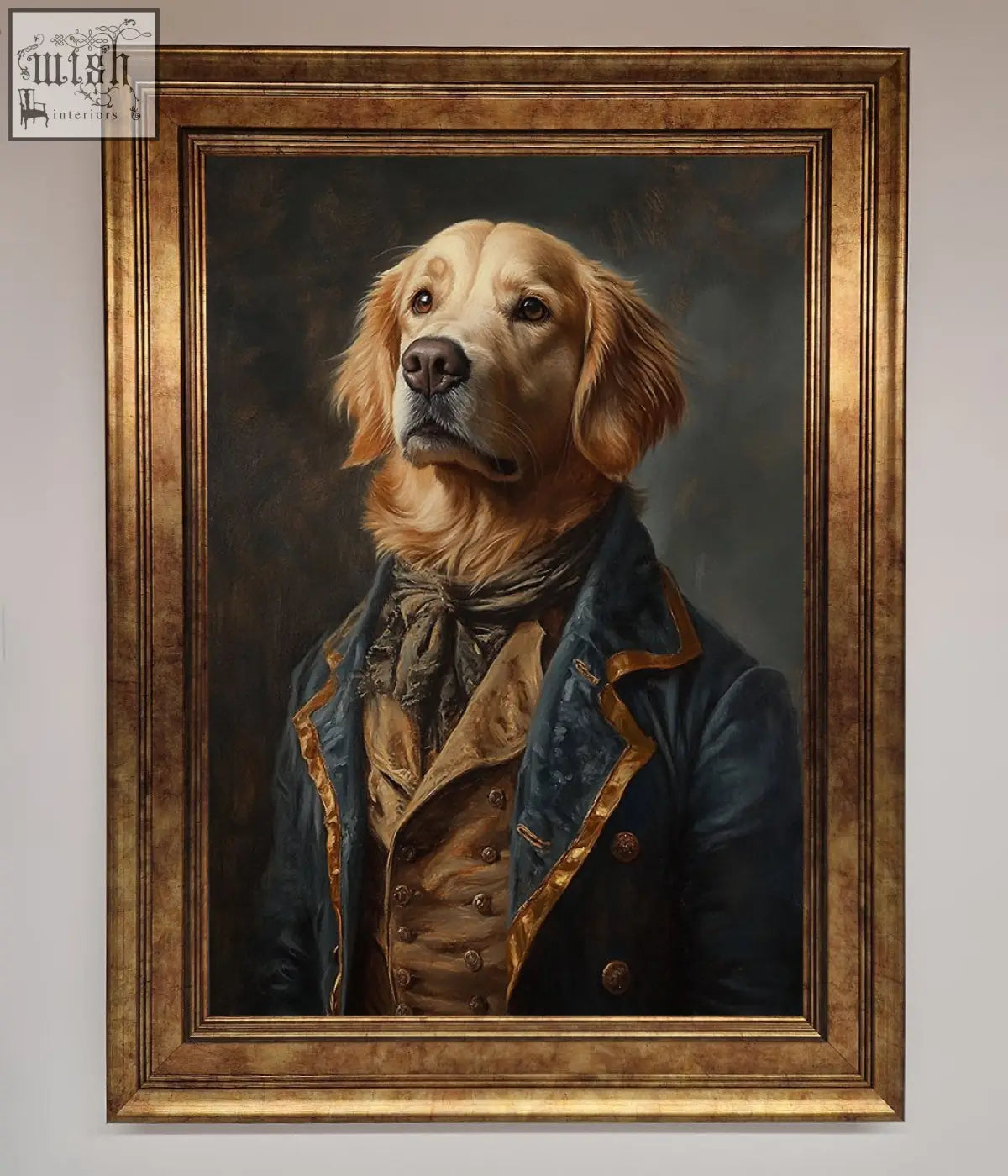A renaissance golden retriever in a navy blue coat and waistcoat featured as framed wall art in an ornate gilded frame