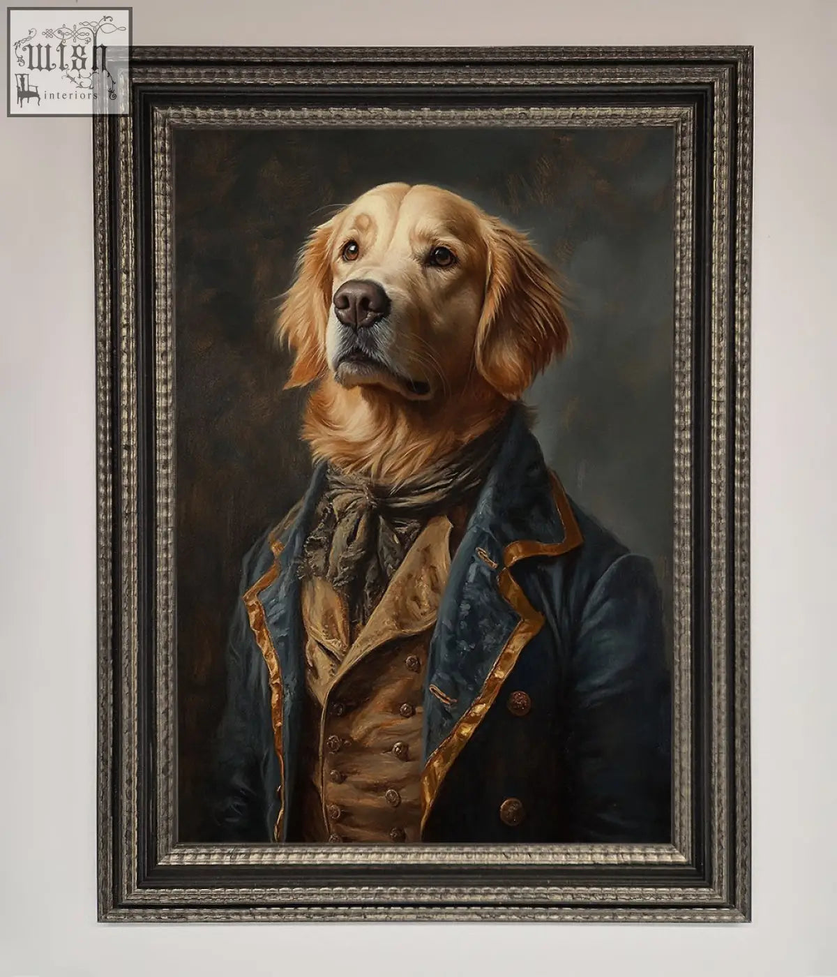 A renaissance golden retriever in a navy blue gold-trimmed coat framed in ornate silver-toned framed wall art