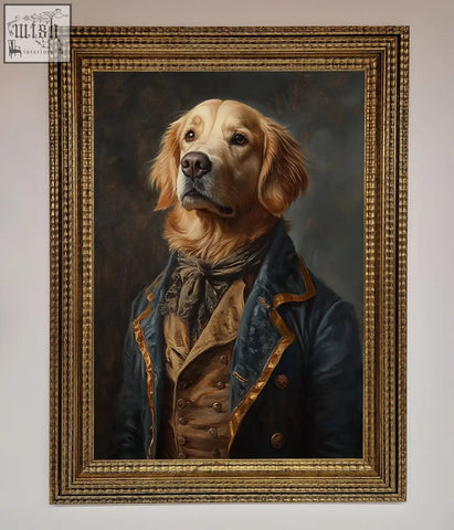 A renaissance golden retriever framed wall art featuring a detailed gold frame and dog in navy blue coat