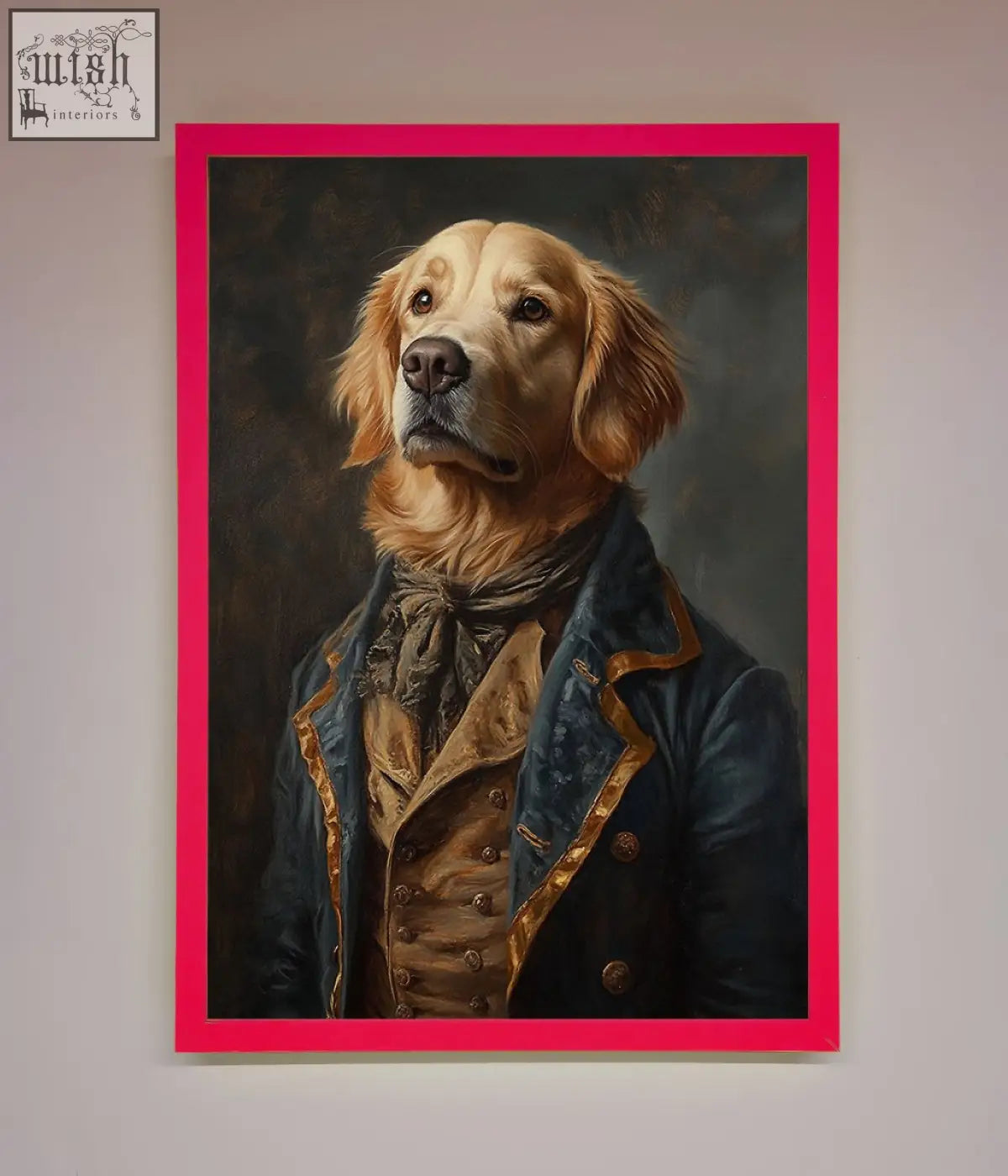 A renaissance golden retriever framed wall art featuring a dog in a navy blue and gold coat with a pink frame