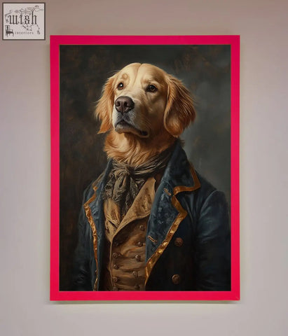 A renaissance golden retriever framed wall art featuring a dog in a navy blue and gold coat with a pink frame