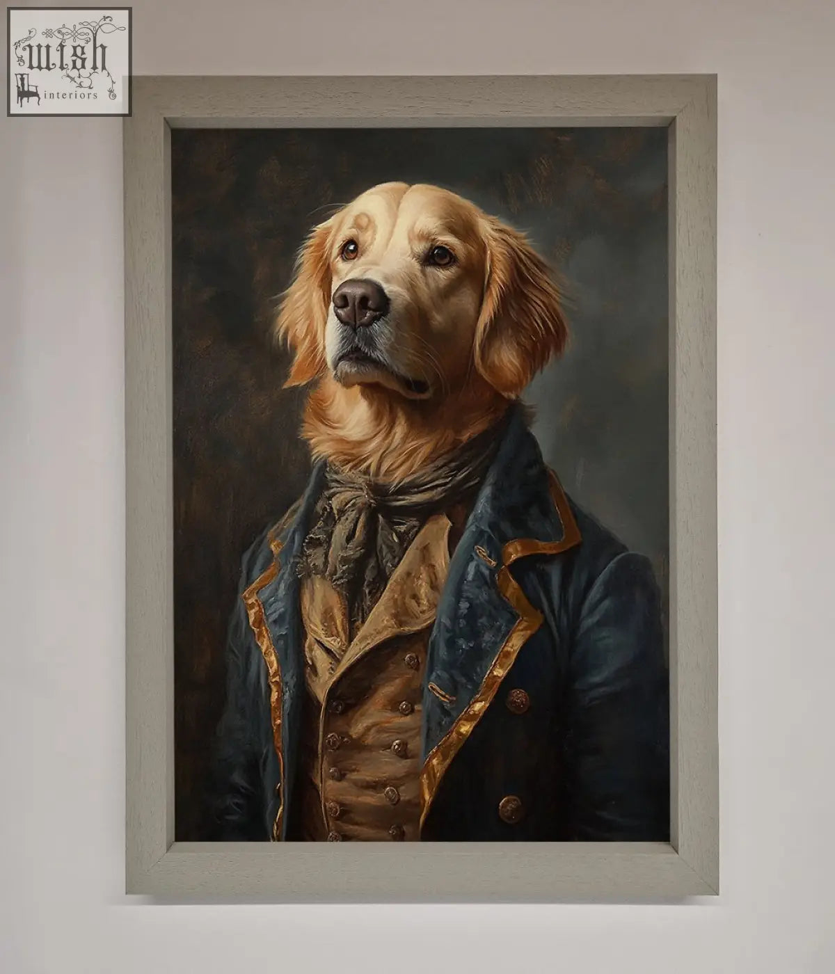 A renaissance golden retriever dressed in navy and gold coat in a light gray wooden framed wall art