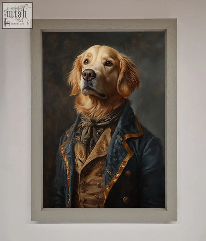 A renaissance golden retriever dressed in navy and gold coat in a light gray wooden framed wall art