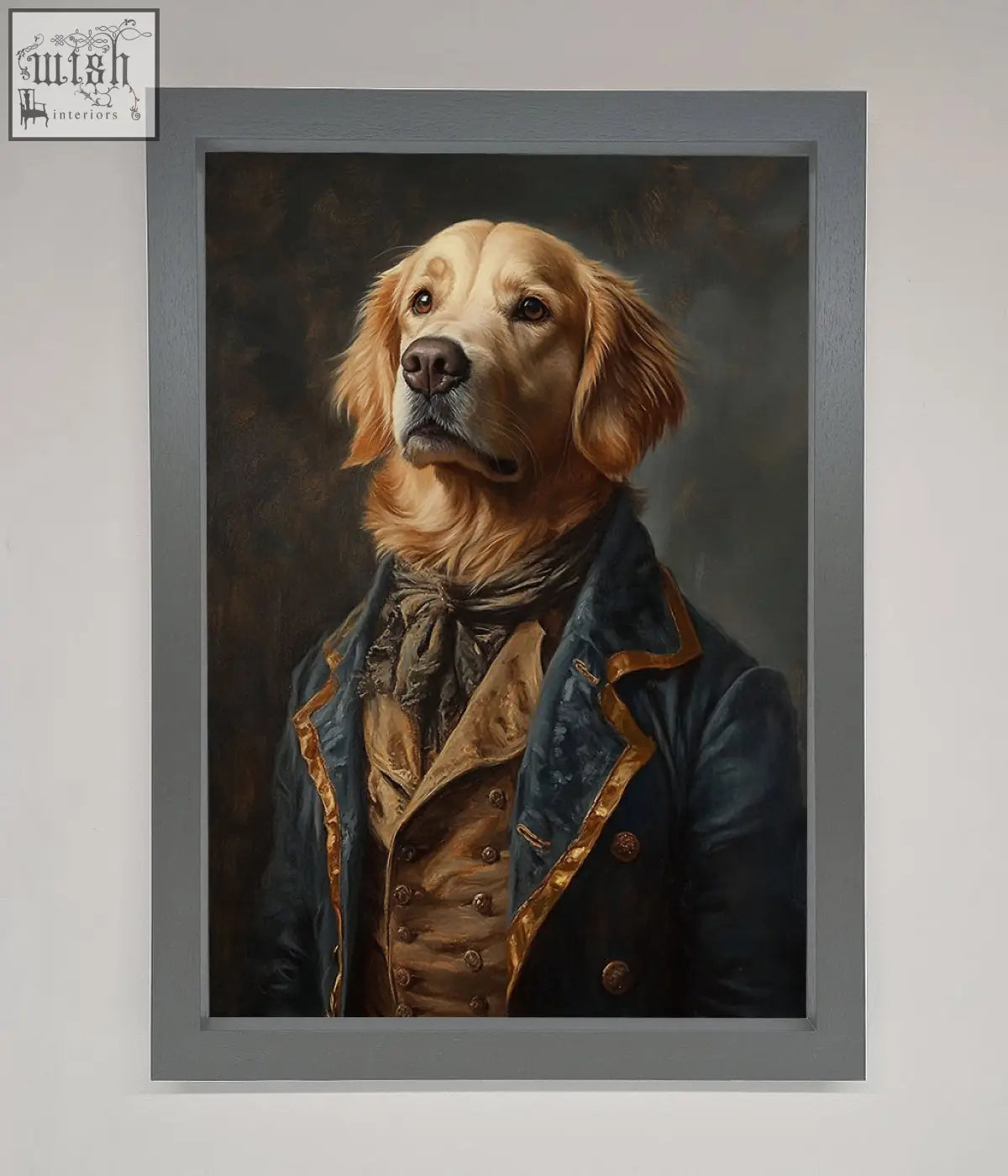 A framed wall art portrait of a renaissance golden retriever in a navy blue coat with gold trim and waistcoat