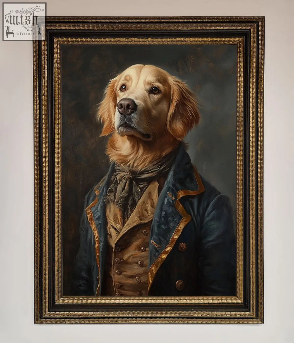 A renaissance golden retriever in ornate gold and black frame dressed in blue coat framed wall art piece
