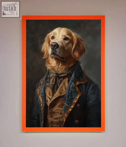 A renaissance golden retriever portrait in ornate navy and gold coat in vibrant orange framed wall art