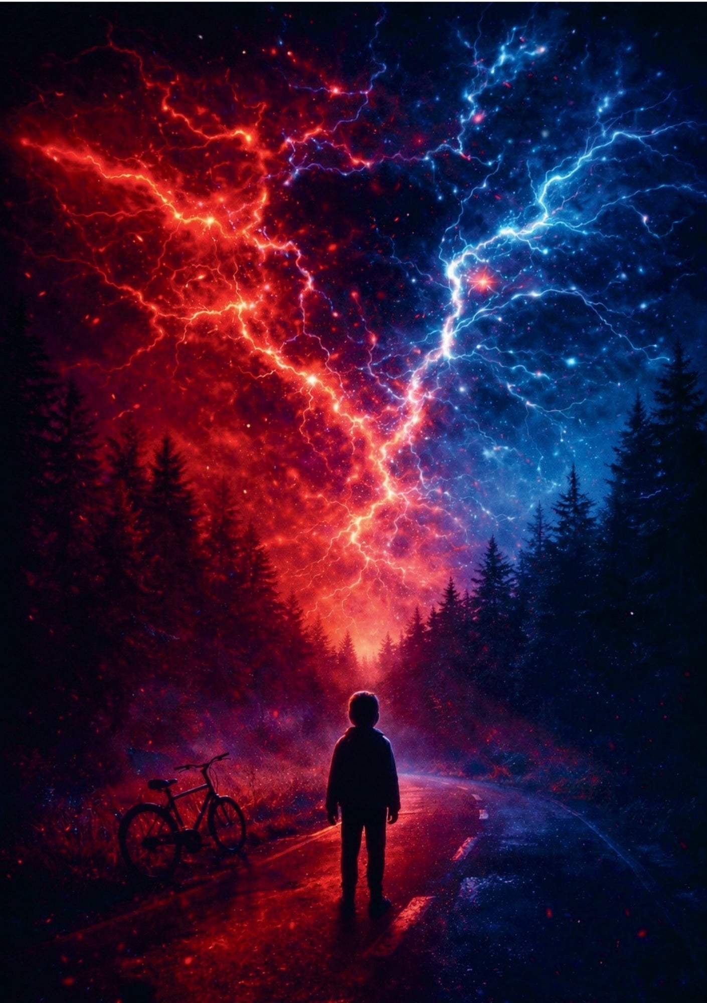 A stranger things poster showing a child standing on a wet road with red and blue lightning and a bicycle nearby