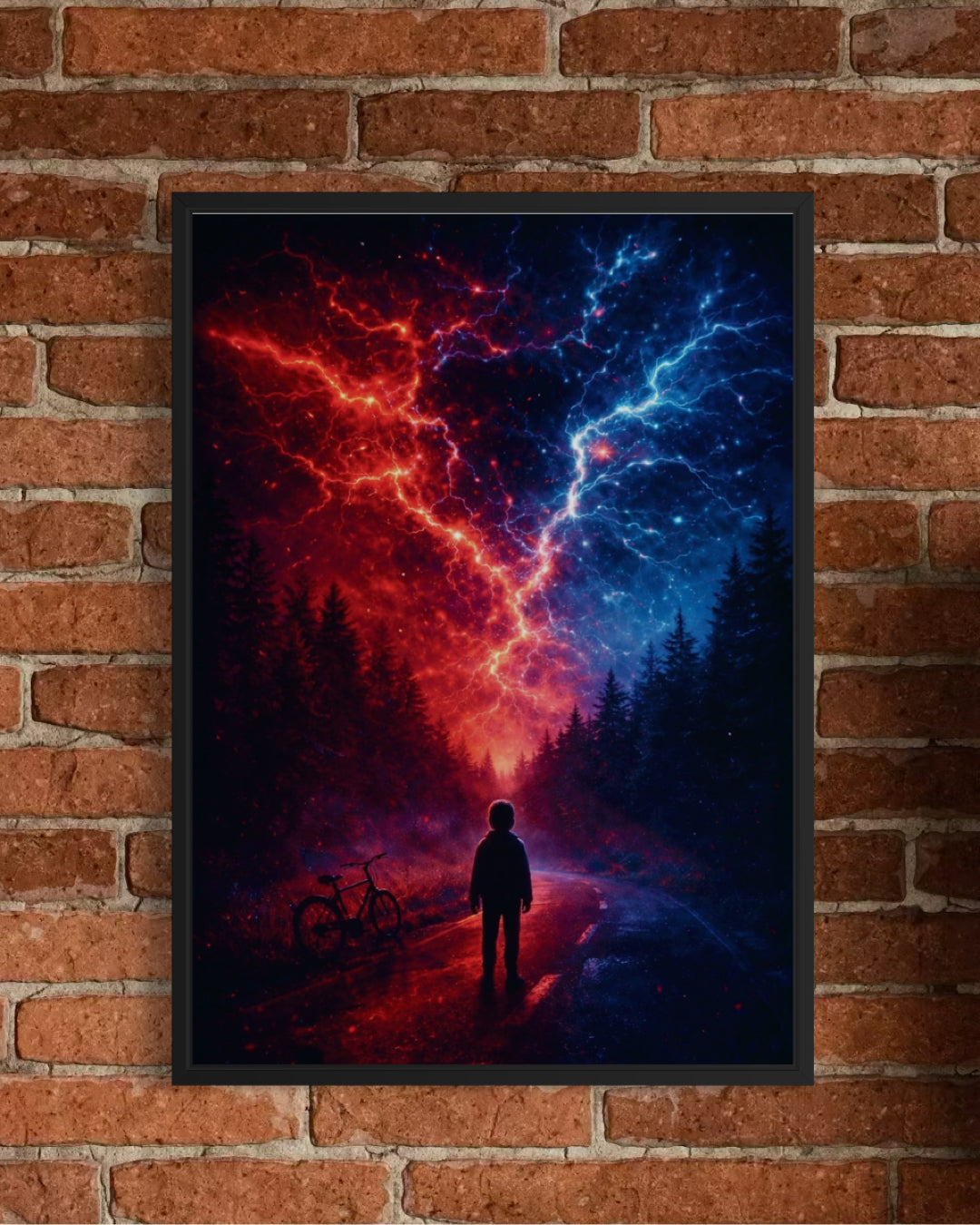A framed stranger things poster showing a lone figure on a path under red and blue lightning in a dark forest