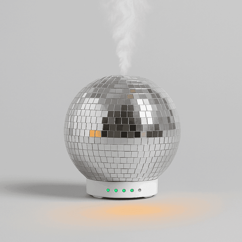 Silver rotating disco ball essential oil diffuser with white base and green indicator lights for home use