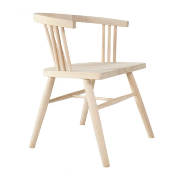 Light-colored wooden armchair with vertical spindle backrest and modern scandi design called the scandi 3 spell chair