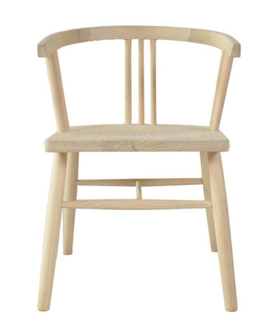 Light-colored wooden scandi 3 spell chair with a curved backrest and vertical slats shown from the back side