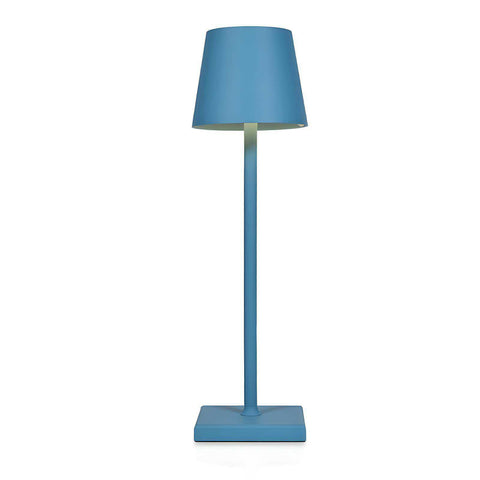 The simplistic wireless led lamp features a sleek blue cylindrical shade with matching stem on a square base