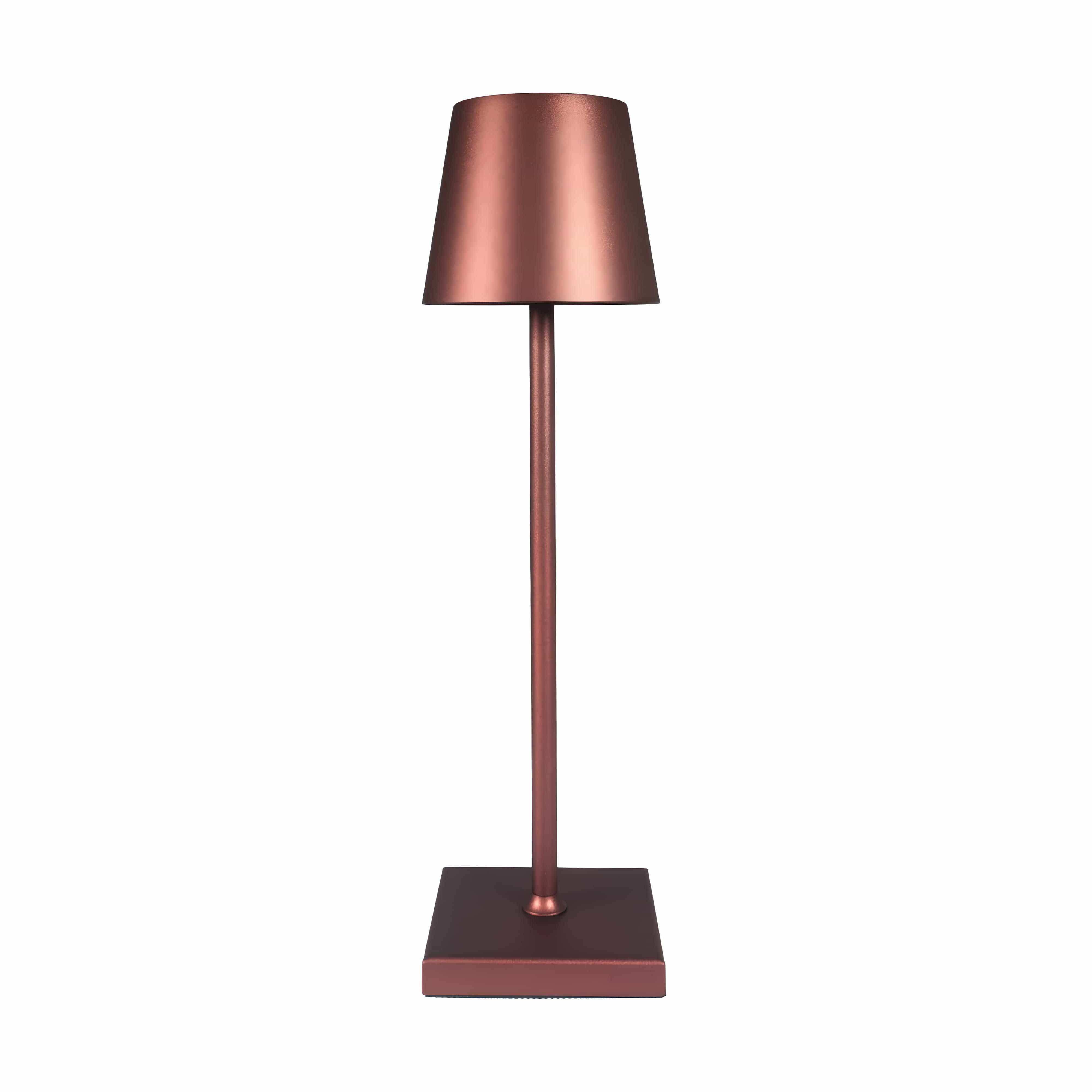 Copper finished simplistic wireless led lamp with minimalist cylindrical shade and square base for modern decor