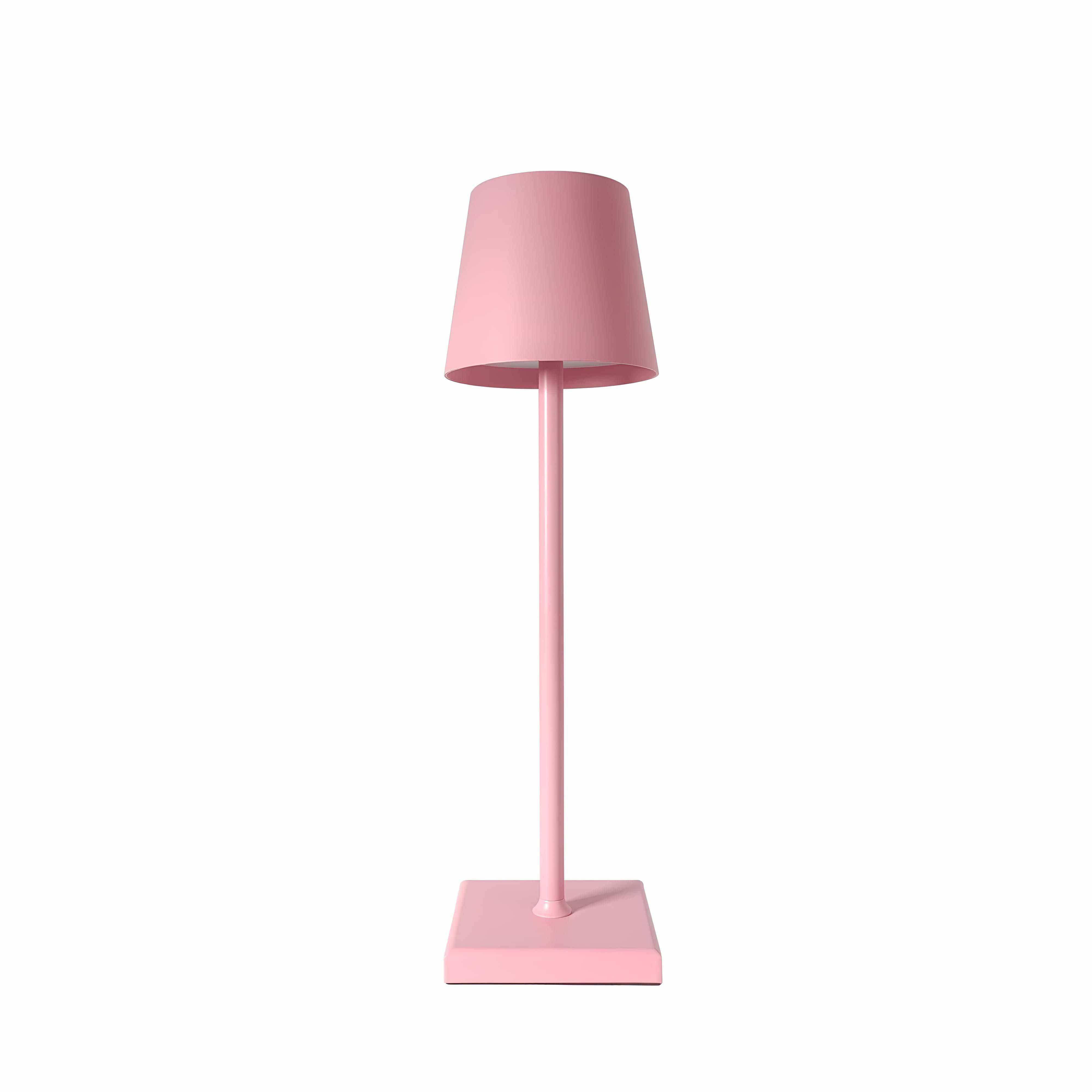 A sleek minimalist pink simplistic wireless led lamp with a cylindrical shade and slender stem for modern lighting