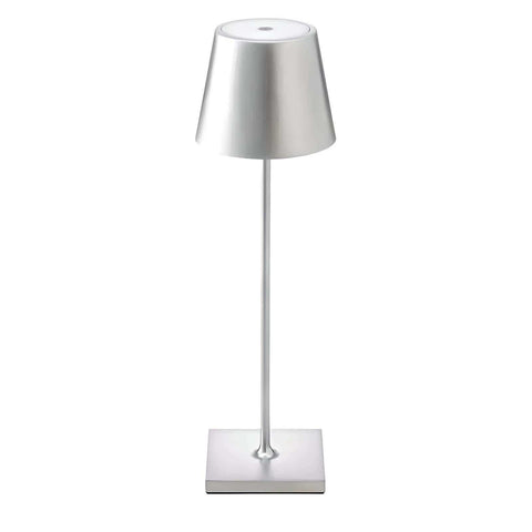 Silver metallic simplistic wireless led lamp with minimalist conical shade and square base perfect for modern spaces