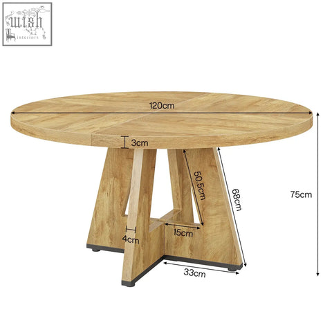 The somerset round oak pedestal dining table with a 120cm light oak top and geometric legs