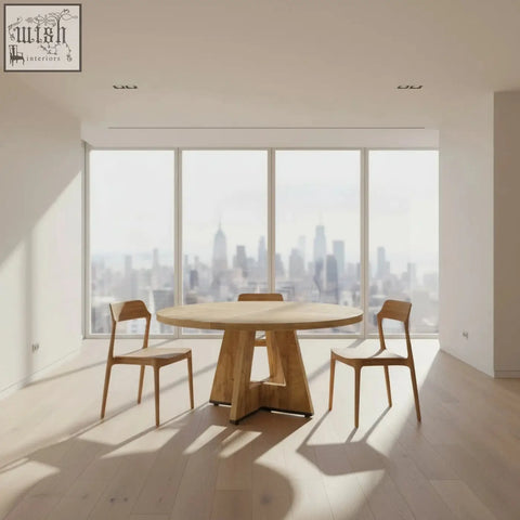 Light-colored round oak dining table the somerset with pedestal base and three matching chairs