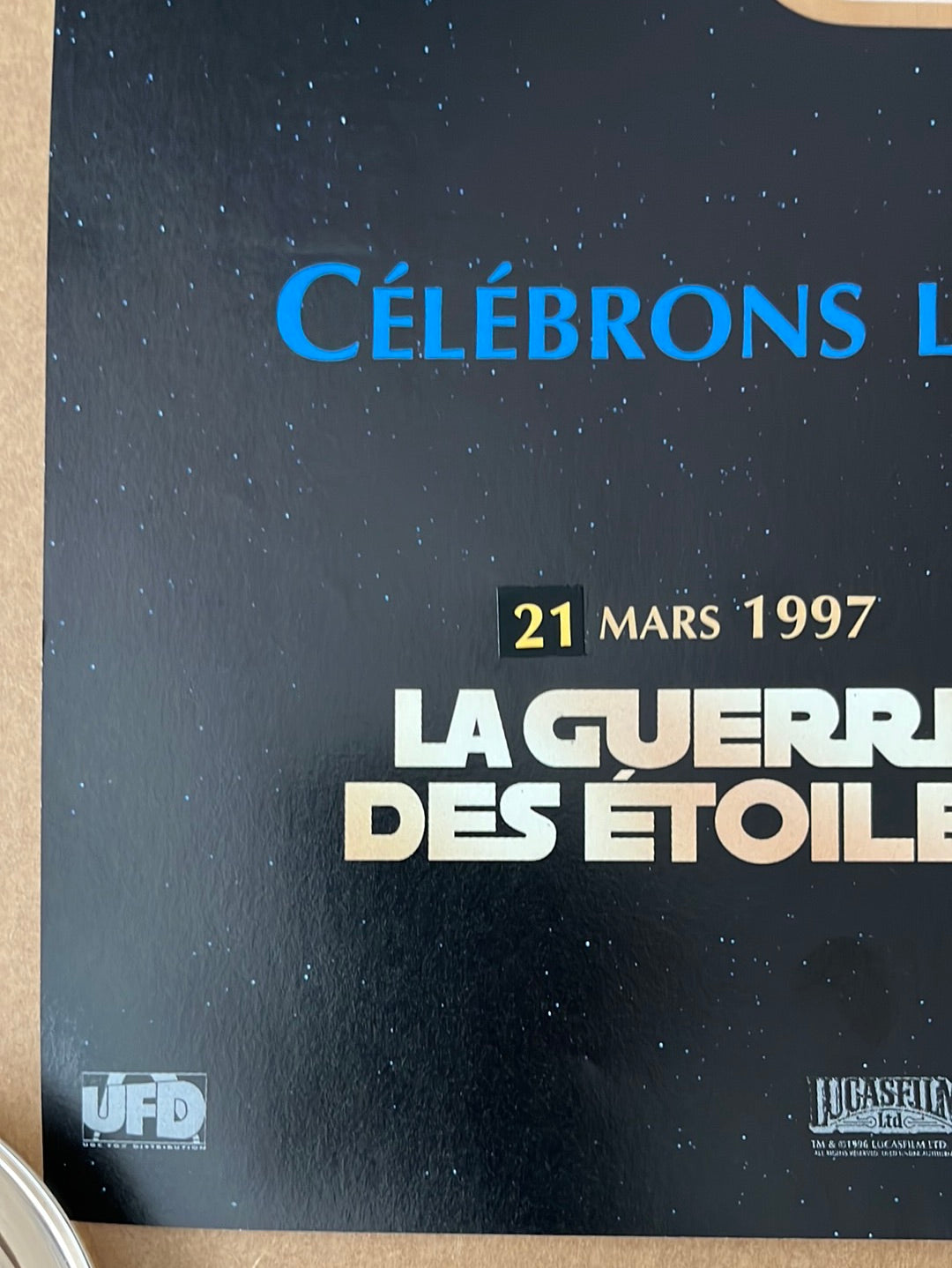 Black star wars trilogy french petite cinema poster with blue and white text celebrating 1997 release date