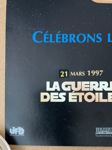 Black star wars trilogy french petite cinema poster with blue and white text celebrating 1997 release date