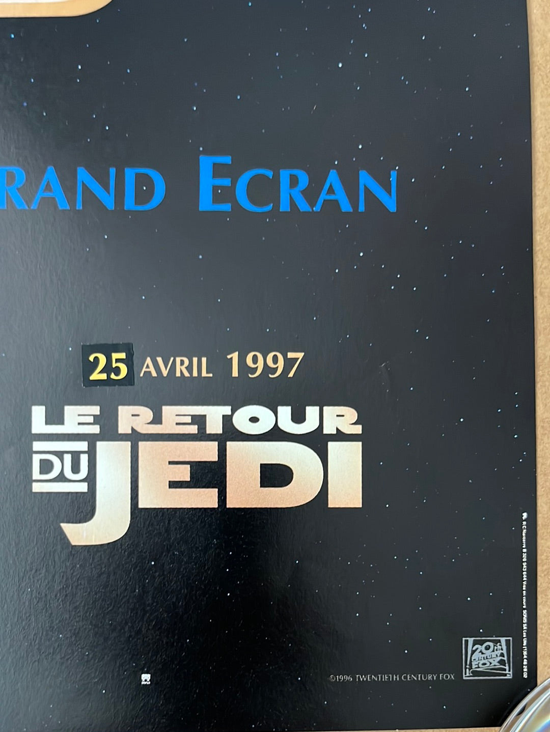 Black movie poster for le retour du jedi with bold gold and blue text starry background from star wars trilogy french petite