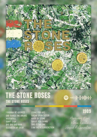 The stone roses mani tribute poster features bold gold lettering on a vibrant green and white background with lemon motifs