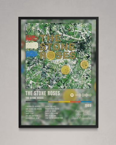 A framed mani tribute poster featuring stone roses album art with green abstract background and yellow lemon slices
