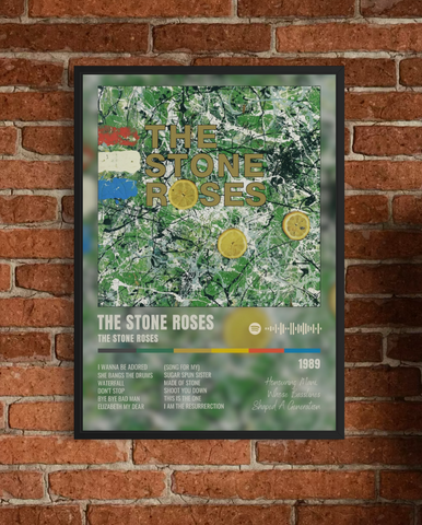 A framed stone roses mani tribute poster featuring green yellow abstract design lemon slices and 1989 song titles list