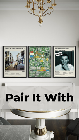 Three framed vintage stone roses mani tribute posters mounted on white wall above round table