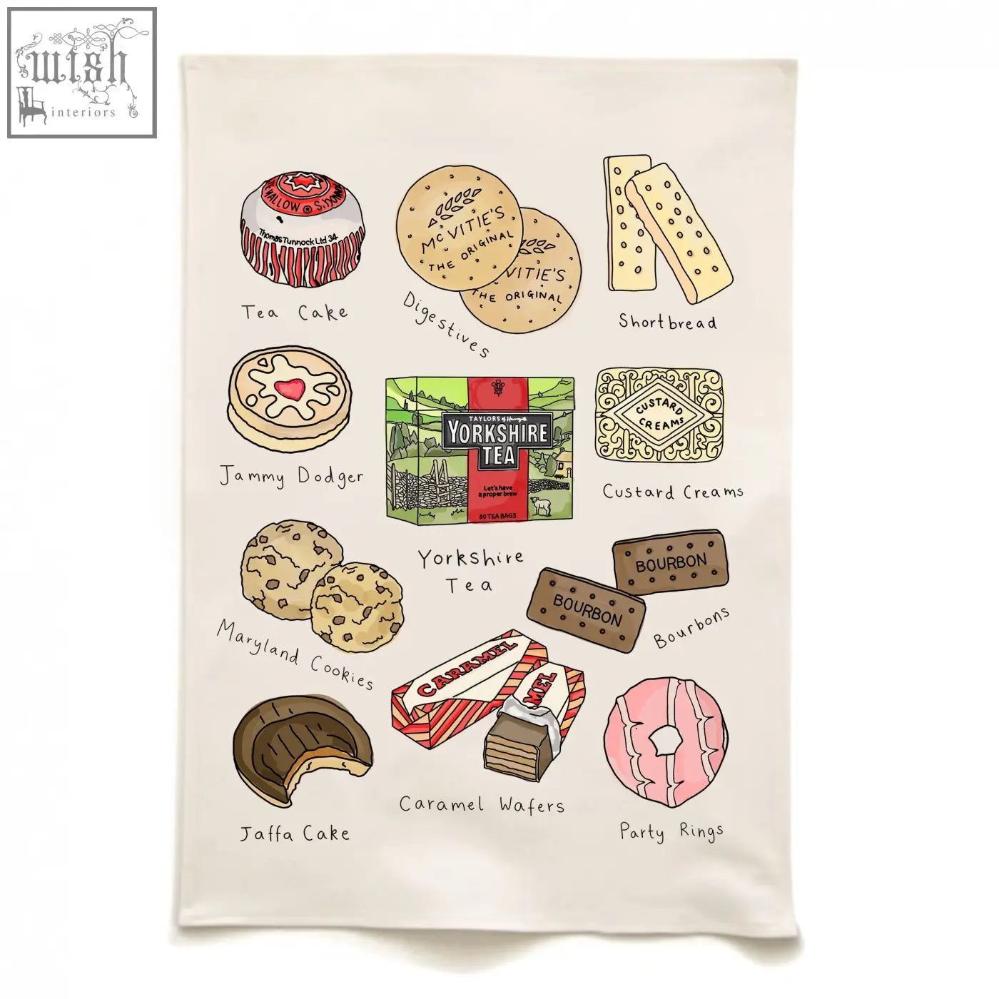 Cream-colored natural organic tea towel with biscuits design featuring british tea and treats perfect for kitchen use