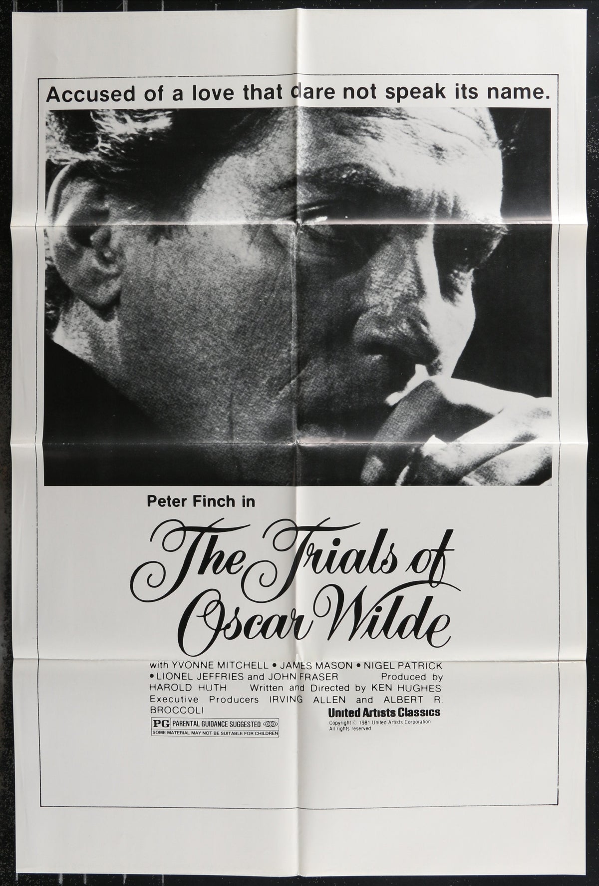 Black-and-white movie poster for the trials of oscar wilde featuring a dramatic close-up of peter finch