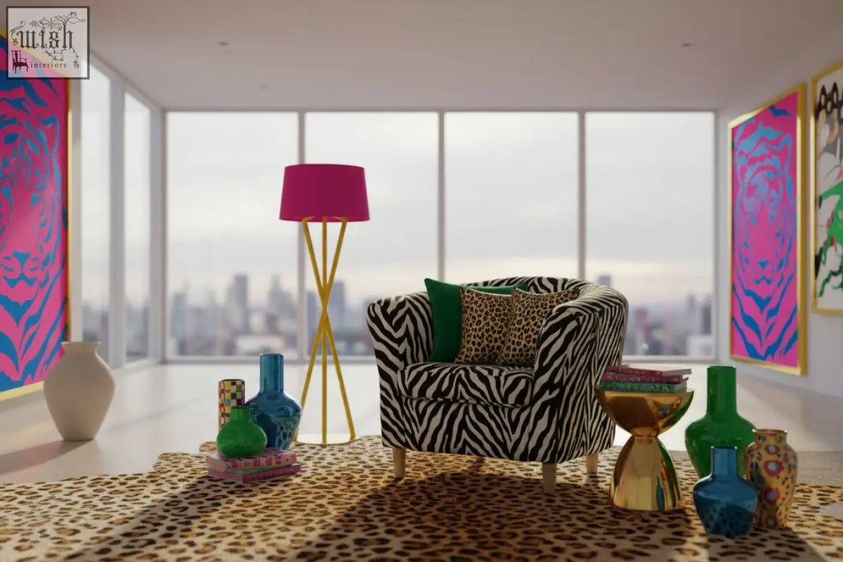 Zebra print vibe tub chair with green and leopard print cushions for stylish and comfy seating
