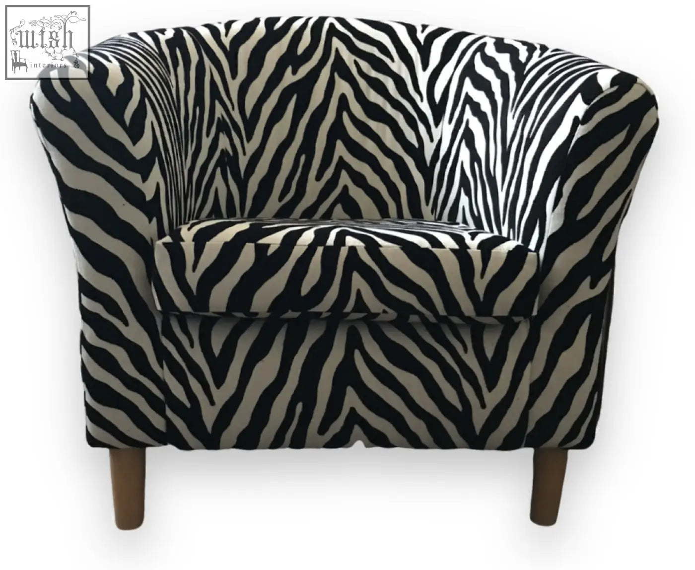 Zebra-print vibe tub chair with wooden legs featuring a stylish tub chair design for cozy seating