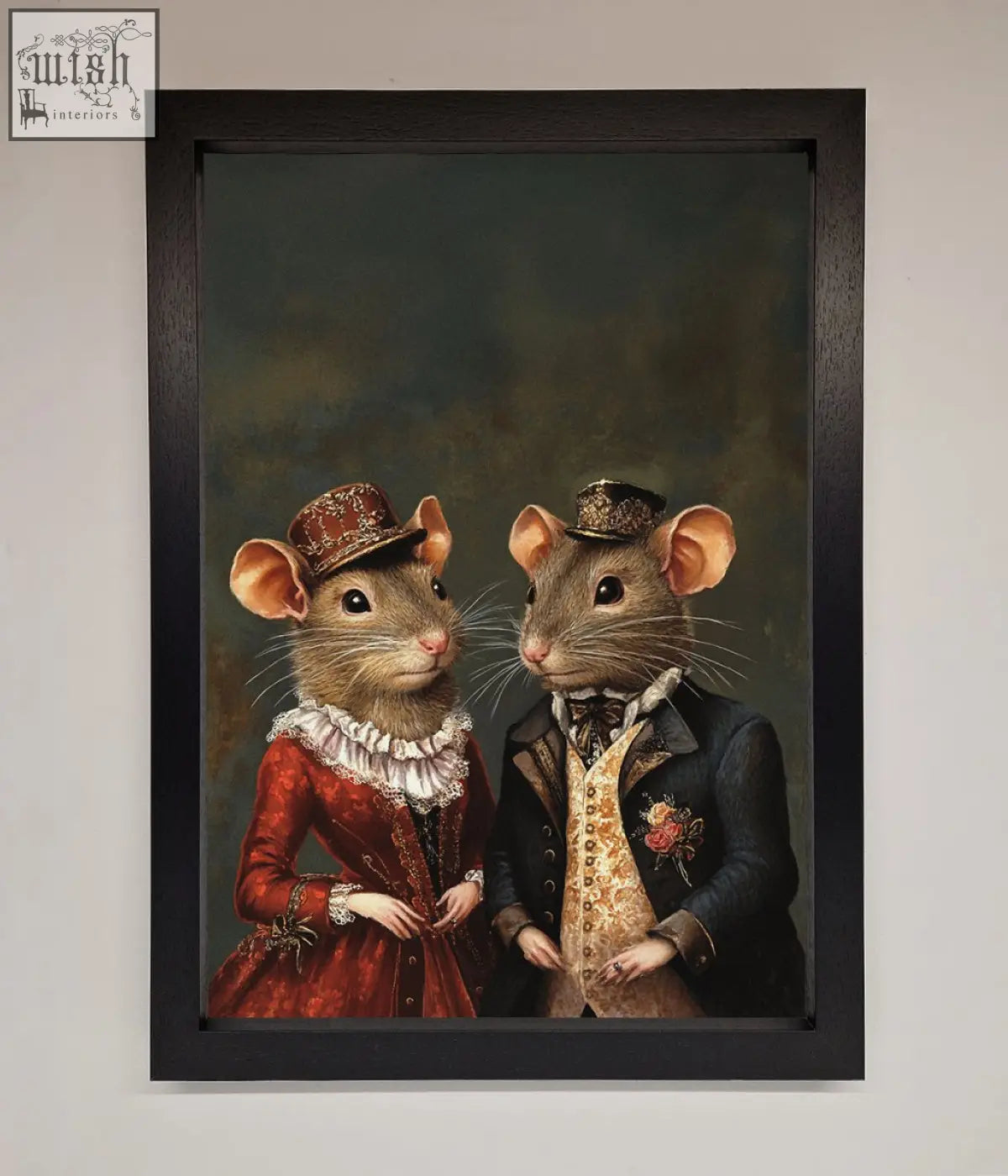 A victorian mice framed poster showing two anthropomorphic mice in formal vintage attire in a stylish frame