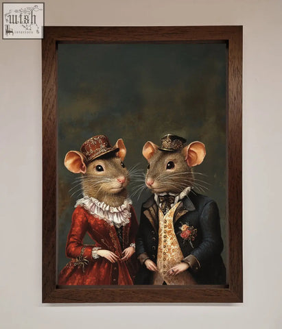 A victorian mice framed poster featuring two elegantly dressed mice in a red gown and dark suit in a stylish frame