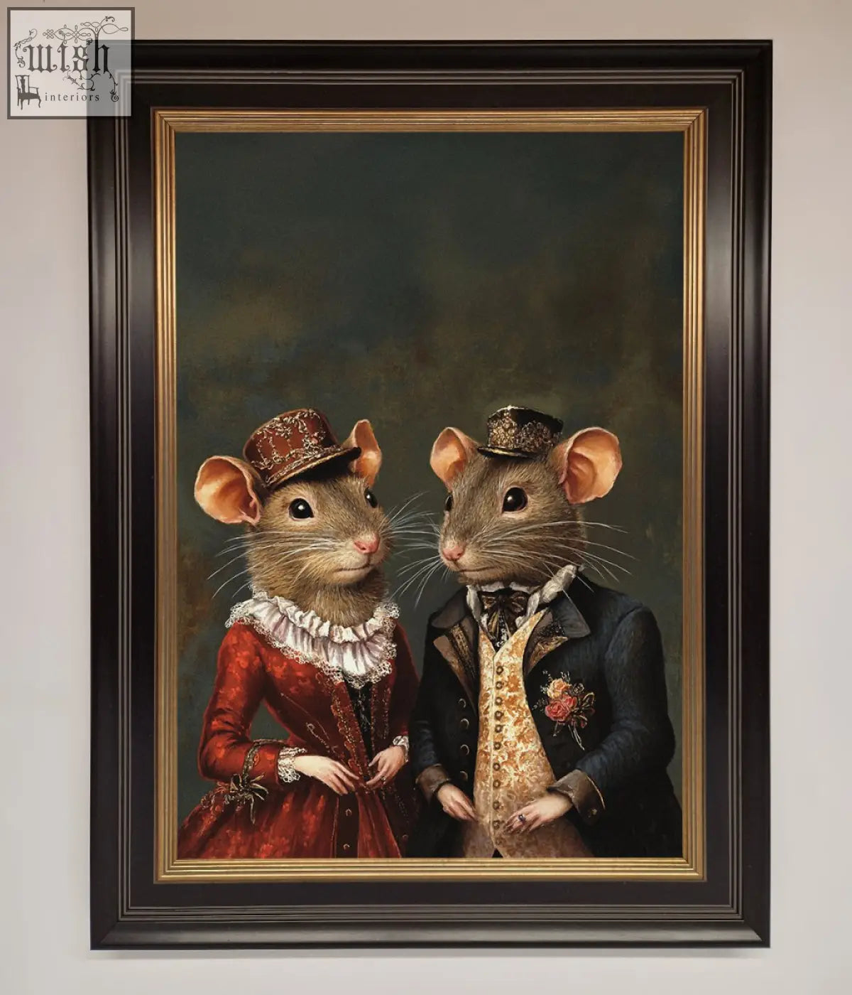 A victorian mice framed poster featuring two anthropomorphic mice in vintage formal attire in a decorative frame