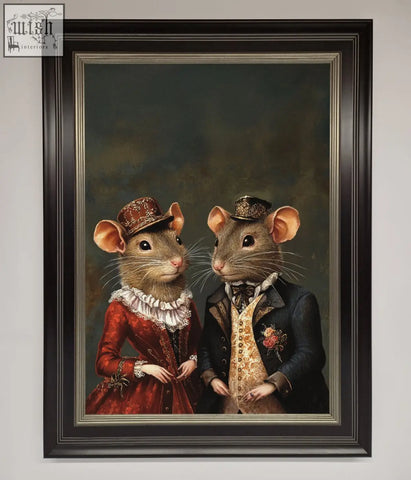 A victorian mice framed poster featuring two anthropomorphic mice in vintage formal attire in a classic wooden frame
