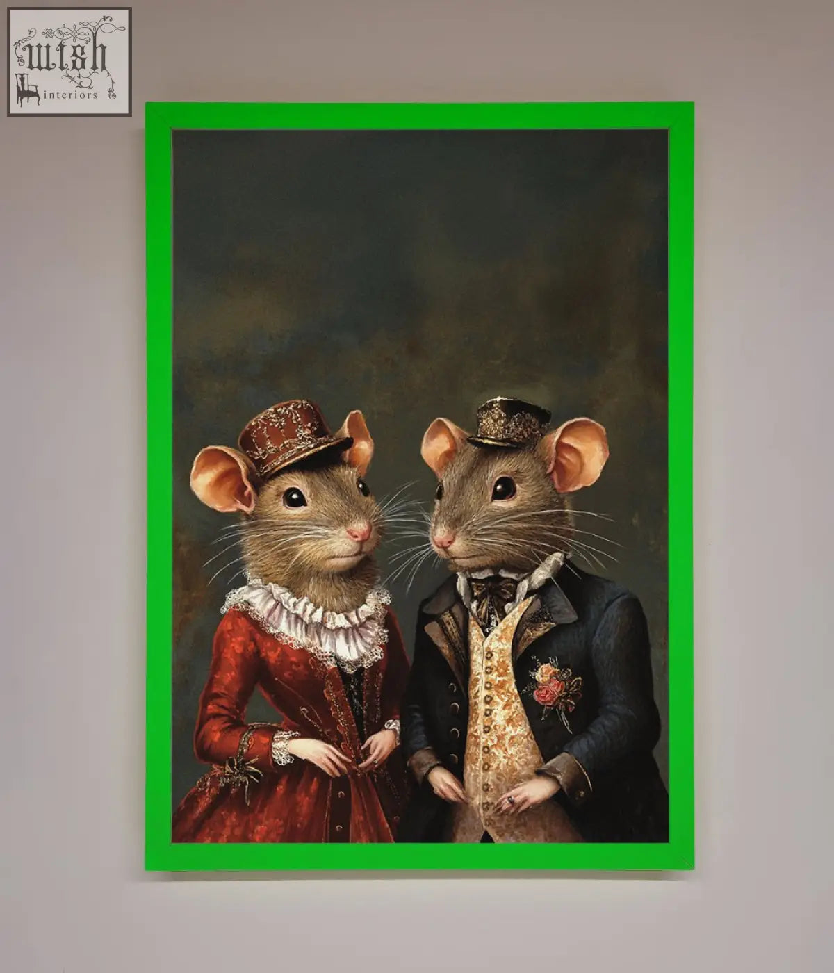 A vibrant green framed poster featuring victorian mice dressed in vintage formal attire for wall decor
