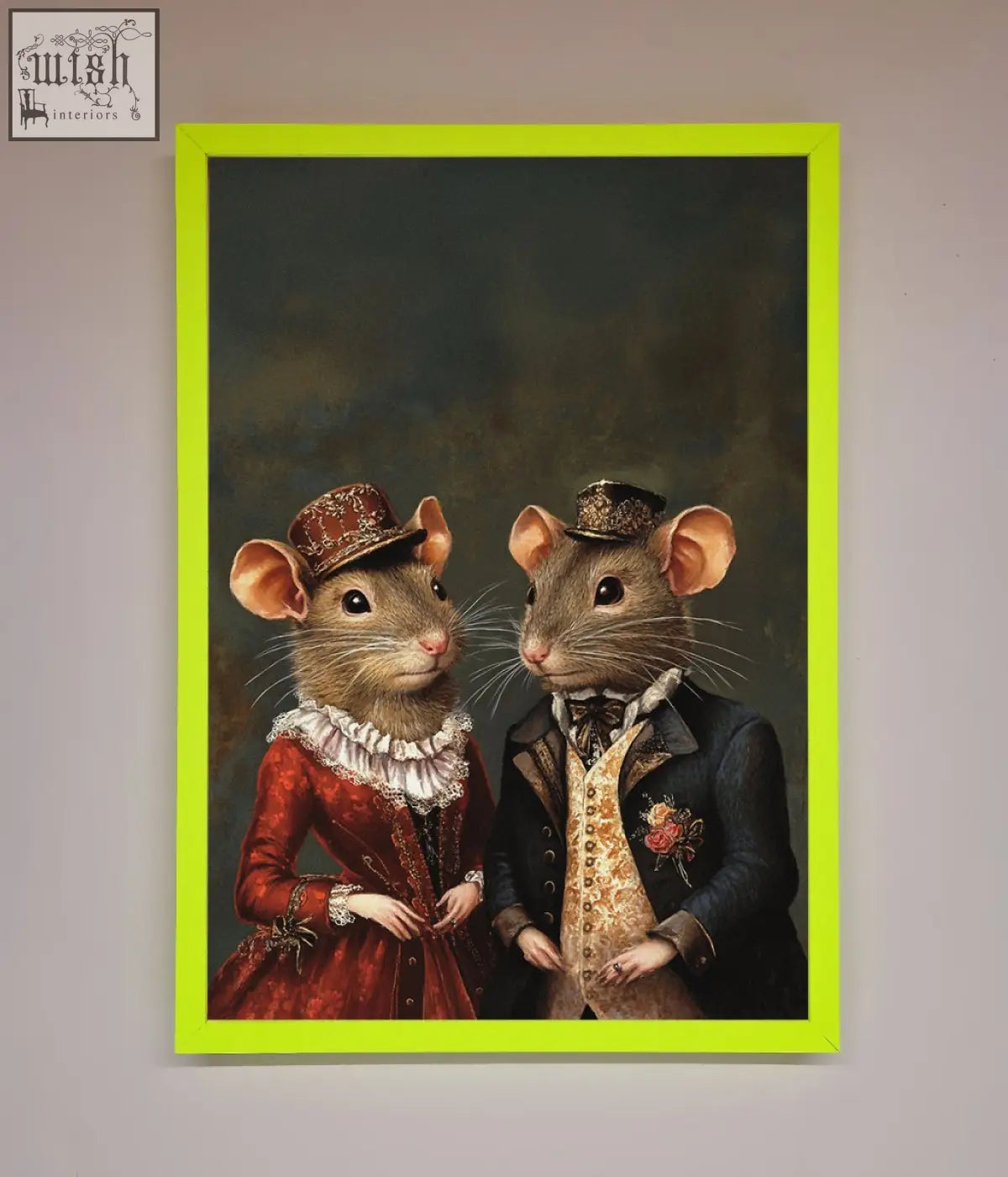 A victorian mice framed poster featuring two vintage dressed mice in a vibrant lime green framed poster