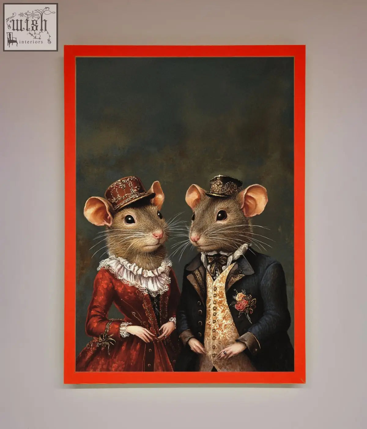 A victorian mice framed poster showing two mice in vintage formal attire in a stylish framed poster design