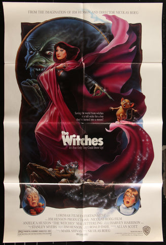 The witches 1990 original us one sheet movie poster shows a woman in red cloak facing a green-faced witch with a mouse