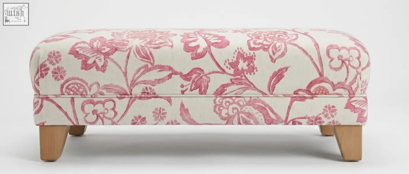 The york foot stool features a cream and pink floral upholstered top with high density foam on a solid wood frame with leg options