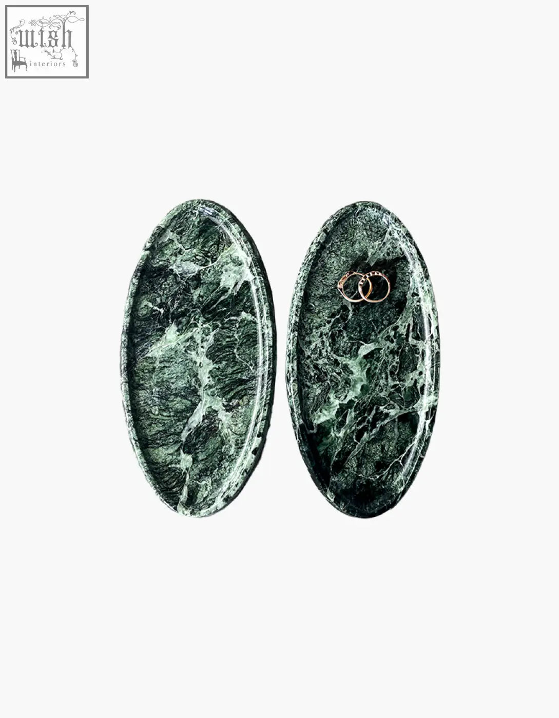 Elegant oval-shaped green marble thelonious plate tray with white veining perfect as a stylish bathroom tray