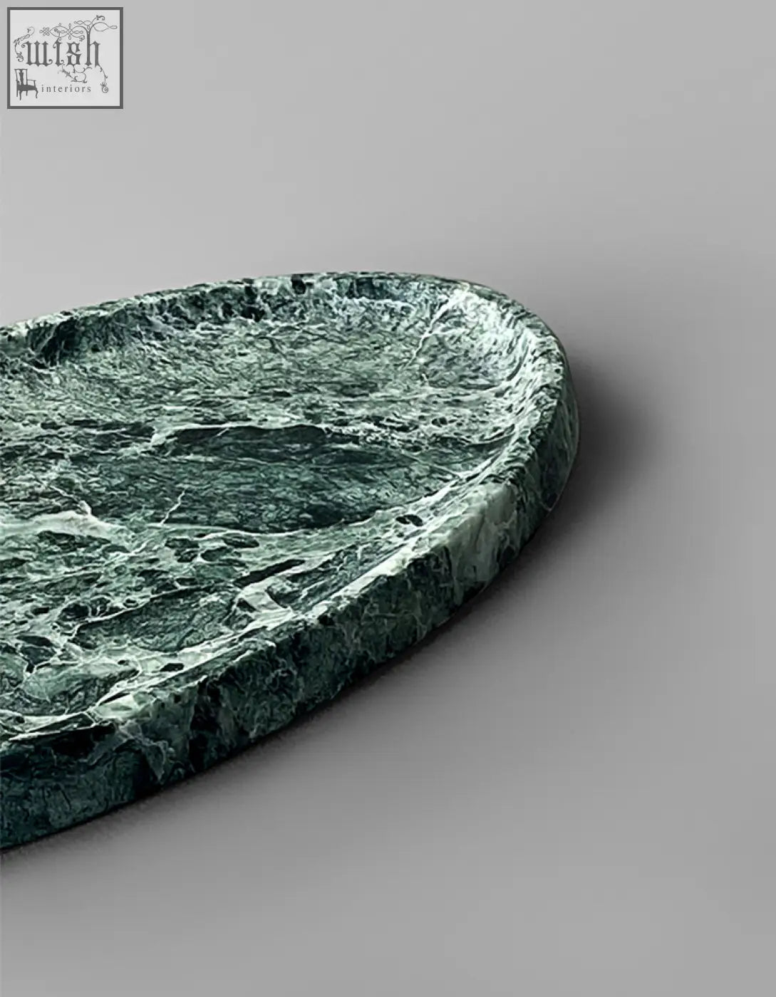 Thelonious marble plate tray with sleek green and white veining perfect as a stylish bathroom tray with low shipping cost