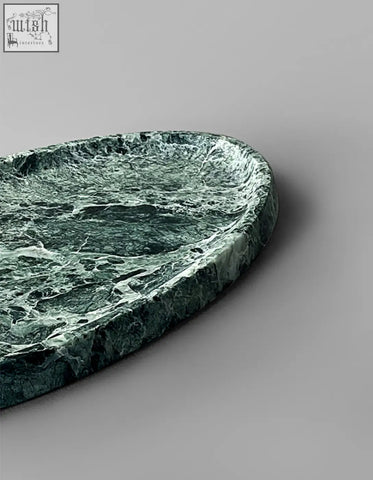 Thelonious marble plate tray with sleek green and white veining perfect as a stylish bathroom tray with low shipping cost