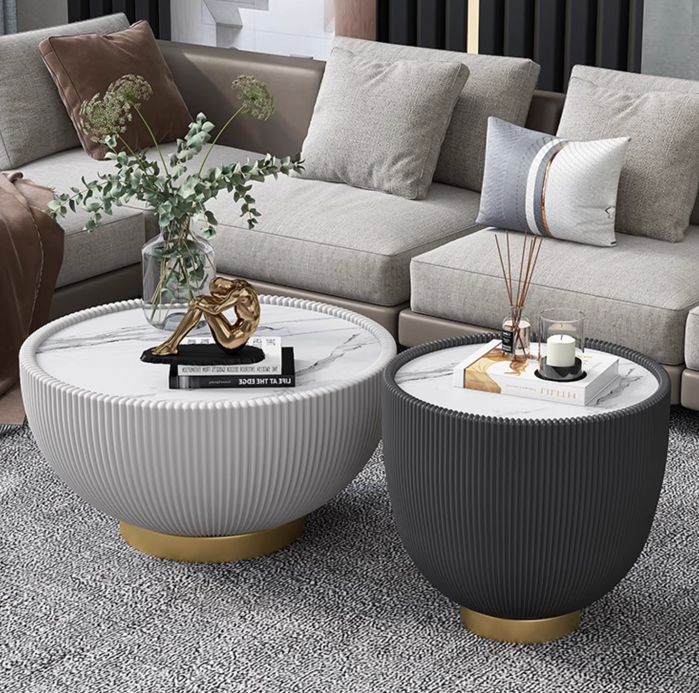 Theo coffee table set with modern round marble tops and ribbed matte black and white bases coffee table