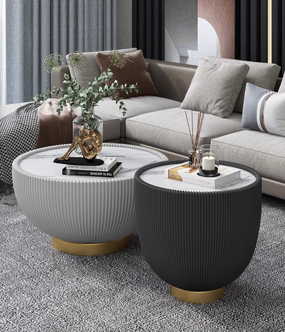 Theo coffee table set black with modern round coffee tables featuring ribbed gray and black marble tops and gold-tone bases
